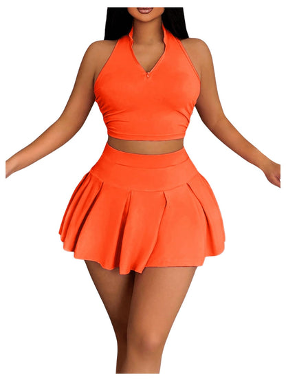 SOLY HUX Womens Summer 2 Piece Outfits Half Zip Crop Tank Tops and Mini Pleated Skirt Set Plain Orange X-Small